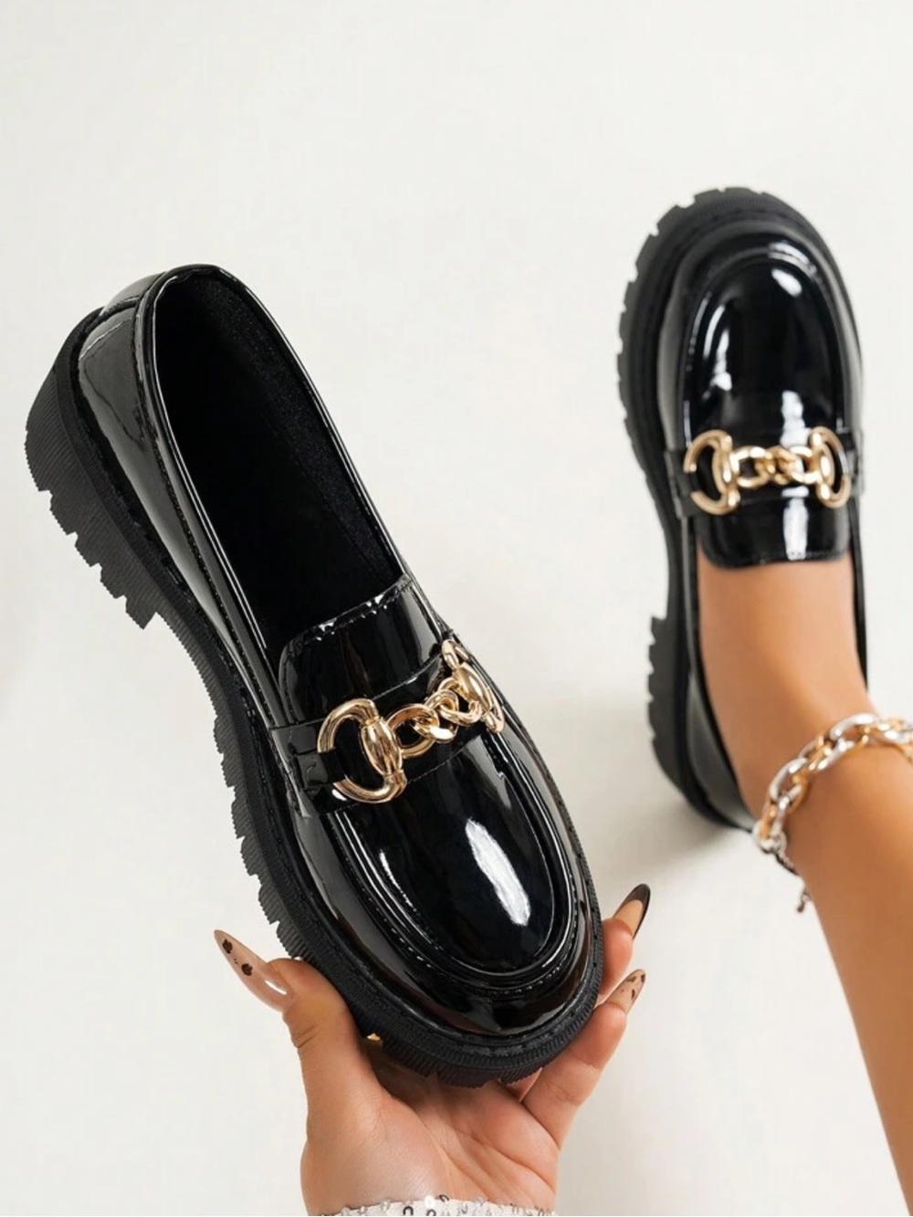 Black Patent Chain-Embellished Women's Loafers size 6